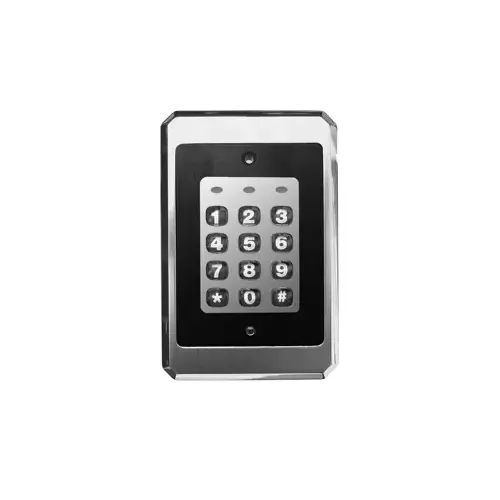 Indoor/Outdoor Flush-Mount Weather Resistant Keypad, 120 Users, Single Gang Design, Keypad Programmable, Hardened Backlit Keys, Heavy Chrome Plated Trim Ring, Built-in Assignable Sounder, Key Press Feedback via Sounder and Yellow LED, Bi-Color Red/Green LED Indicates Relay Status Satin Stainless Steel