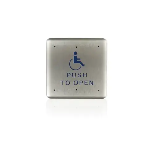 Stainless steel push plate, 4.75 In. square, blue handicap logo and text