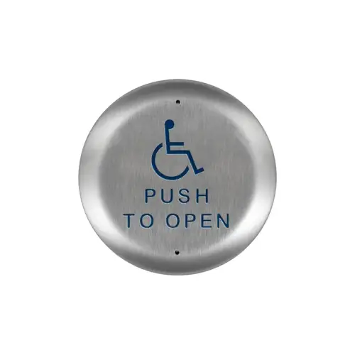 Stainless steel push plate, 4.5 In. round, blue handicap logo and text