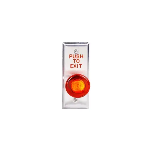 5210 Series Exit Push Button, 1-9/16" Diameter Mushroom Button, DPST Momentary Action on Single Gang Plate, Red ButtonStainless Steel Plate Engraved "PUSH TO EXIT"