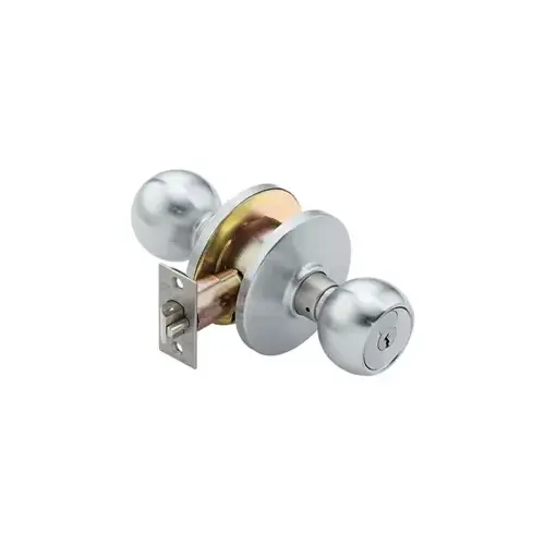 Passage Knob Lock, 2-3/4" Backset, Round Knob with C Rose (2-9/16" Diameter), T-Strike (2-3/4" x 1-1/8"), Grade 2, 626/US26D Satin Chrome Passage Knob Lock, 2-3/4" Backset, Round Knob with C Rose (2-9/16" Diameter), T-Strike (2-3/4" x 1-1/8"), Grade 2, 626/US26D Satin Chrome