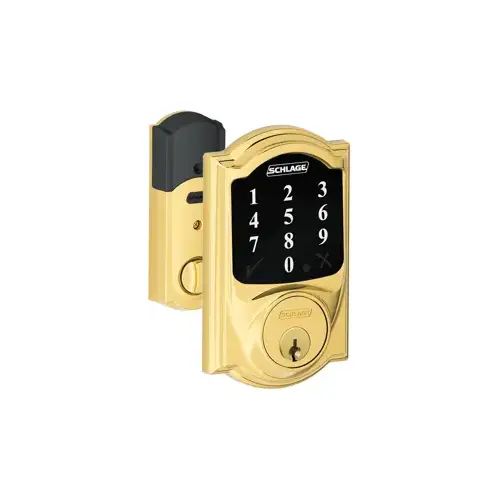 Touchscreen Deadbolt Camelot with Z-Wave, Built in Alarm, Triple Option Adjustable Backset, Grade 1, C Keyway, Bright Brass 605, US3