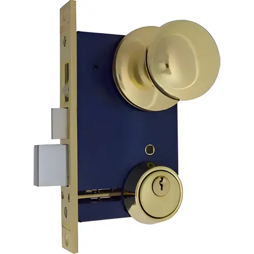 Knob x Rose, Double Cylinder Mortise Lock with Latch and Deadbolt, 2-1/2" Backset, Marks A Keyway, 5 Pin, Left Hand Reverse, Front 1" x 7-1/8", Bright Brass US3/605