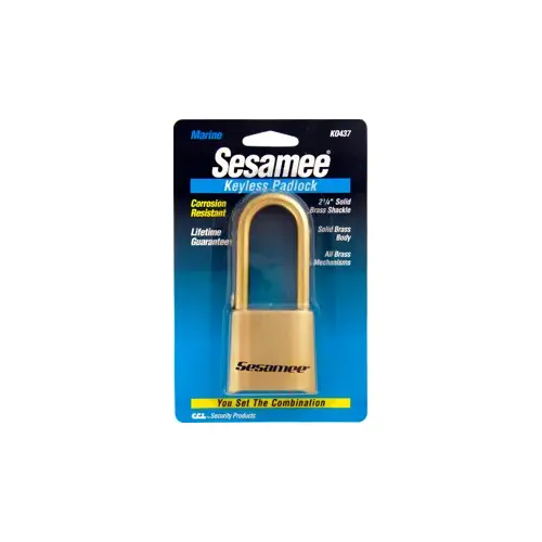 Marine Sesamee Brass Padlock, All Brass Body-Internals, 4-Dial Resettable, 2-1/4" Brass Shackle - Carded