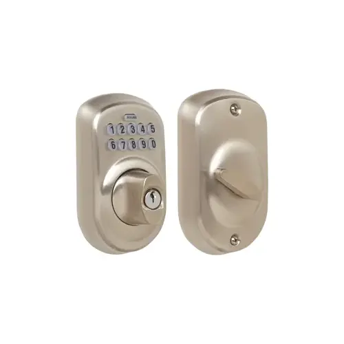 Keypad Deadbolt Plymouth Style, Key Override, C Keyway, Triple Option Adjustable Backset, Grade 2, Satin Nickel 619, US15 Keypad Deadbolt Plymouth Style, Key Override, C Keyway, Triple Option Adjustable Backset, Grade 2, Satin Nickel 619, US15