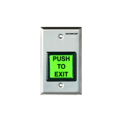 Illuminated Green Push Button - Request to Exit, Single Gang Wall Plate, Stainless Steel, Timer 1-180 Seconds, SPDT, 12-24V AC/DC