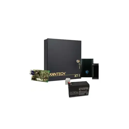 1 Door Expansion Kit, KT-1-M Controller (1), KT-MUL-SC2 Smart Card Reader (1),KT-PTC1640UG Transformer (1), KT-PS4085 Power Supply (1), and KT-BATT-12 Battery (1