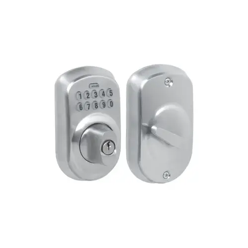 Keypad Deadbolt Plymouth, Key Override, C Keyway, Triple Option Adjustable Backset, Grade 2, Satin Chrome 626, US26D