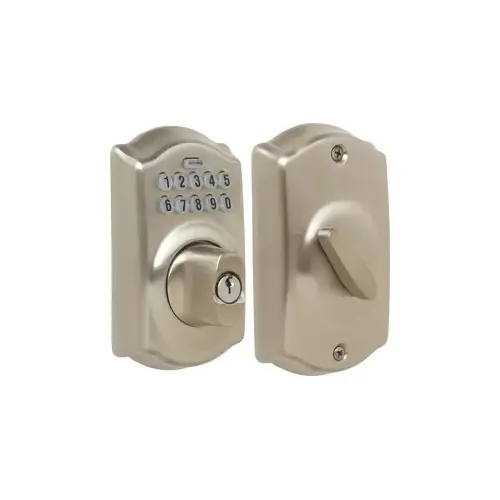 Keypad Deadbolt Camelot, Key Override, C Keyway, Triple Option Adjustable Backset, Grade 2, Satin Nickel 619, US15 Keypad Deadbolt Camelot, Key Override, C Keyway, Triple Option Adjustable Backset, Grade 2, Satin Nickel 619, US15
