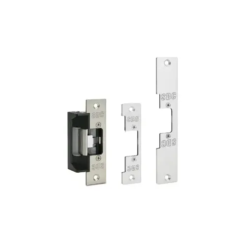 Electric Strike for 5/8" Latchbolt, Centerline Latch Entry, Low Profile 1-3/16", 12/24 AC/DC, FS Fail Safe/FSE Fail Secure, Latchbolt Position Status Standard, 2 Faceplates Square and Radius Corner 4-7/8" H x 1-1/4" W, 1 Faceplate 7-15/16" x 1-1/4" Satin Stainless Steel Electric Strike for 5/8" Latchbolt, Centerline Latch Entry, Low Profile 1-3/16", 12/24 AC/DC, FS Fail Safe/FSE Fail Secure, Latchbolt Position Status Standard, 2 Faceplates Square and Radius Corner 4-7/8" H x 1-1/4" W, 1 Faceplate 7-15/16" x 1-1/4" Satin Stainless Steel