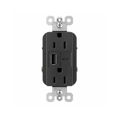 Pass & Seymour Duplex Outlet / Ultra Fast USB Charger, 15A, Black Pass & Seymour Duplex Outlet / Ultra Fast USB Charger, 15A, Black