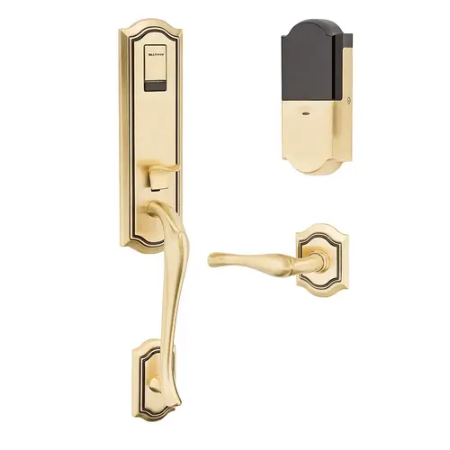 Estate Evolved Bethpage Smart Handleset Satin Brass & Brown Estate Evolved Bethpage Smart Handleset Satin Brass & Brown