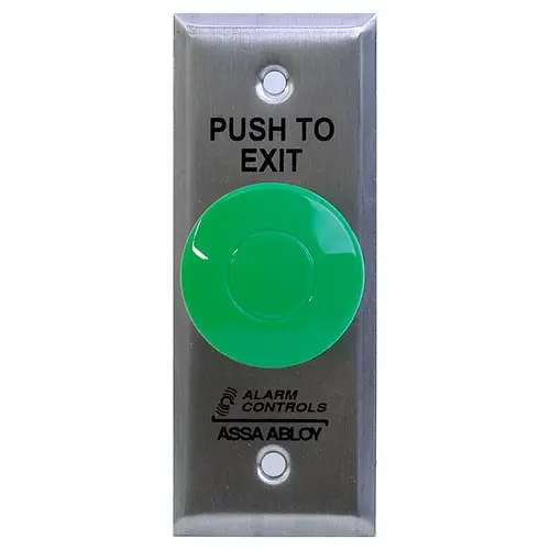 1-1/2" Green Mushroom Button, "PUSH TO EXIT", Pneumatic Time Delay, Narrow Plate, Satin Stainless Steel 1-1/2" Green Mushroom Button, "PUSH TO EXIT", Pneumatic Time Delay, Narrow Plate, Satin Stainless Steel