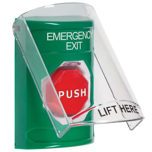 Stopper Station, Green, Flush or Surface, Shield, Key-to-Reset, Illuminated, "EMERGENCY EXIT"English