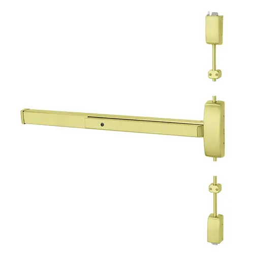 Grade 1 Surface Vertical Rod Exit Device, Wide Stile Pushpad, 48" Device, 120" Door Height, Classroom Function, B Lever with Escutcheon, Hex Key Dogging, Less Lexan Push Pad Touchbar, Bright Brass Finish, Right Hand Reverse Bright Brass