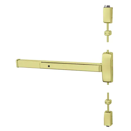 Grade 1 Surface Vertical Rod Exit Device, Wide Stile Pushpad, 36" Device, 120" Door Height, Device to Accept Electrified Trim Function, F Non-Keyed Electric Lever, Fail Secure, Hex Key Dogging, Less Lexan Push Pad Touchbar, Bright Brass Finish, Right Hand Reverse Bright Brass Grade 1 Surface Vertical Rod Exit Device, Wide Stile Pushpad, 36" Device, 120" Door Height, Device to Accept Electrified Trim Function, F Non-Keyed Electric Lever, Fail Secure, Hex Key Dogging, Less Lexan Push Pad Touchbar, Bright Brass Finish, Right Hand Reverse Bright Brass