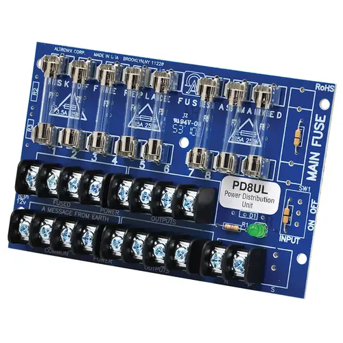 UL Listed Power Distribution Module, 12/24VDC up to 10A Input, 8 Fused Outputs up to 28VAC/DC UL Listed Power Distribution Module, 12/24VDC up to 10A Input, 8 Fused Outputs up to 28VAC/DC