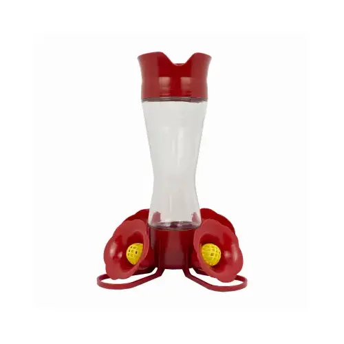 Bird Feeder, 8 oz, 4-Port/Perch, Glass/Plastic, Bright Red, 8.38 in H