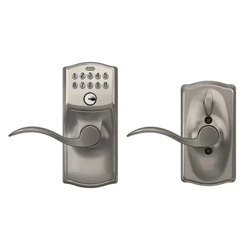 Camelot with Accent Lever Entry Flex Lock Electronic Keypad with 16211 Latch and 10063 Strike Satin Nickel Finish Camelot with Accent Lever Entry Flex Lock Electronic Keypad with 16211 Latch and 10063 Strike Satin Nickel Finish