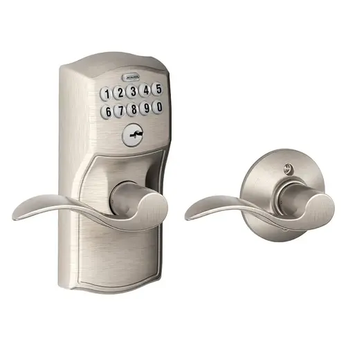 Camelot with Accent Lever Keyed Entry Auto Lock Electronic Keypad with 16211 Latch and 10063 Strike Satin Nickel Finish Camelot with Accent Lever Keyed Entry Auto Lock Electronic Keypad with 16211 Latch and 10063 Strike Satin Nickel Finish