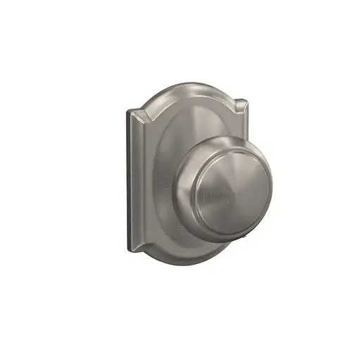 Andover Knob with Camelot Rose Passage and Privacy Lock with 16600 Latch and 10027 Strike Satin Nickel Finish Andover Knob with Camelot Rose Passage and Privacy Lock with 16600 Latch and 10027 Strike Satin Nickel Finish