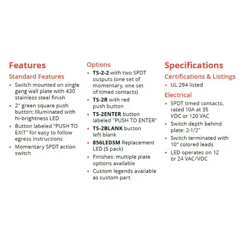 2" Green Square Button, "PUSH TO EXIT", DPDT Momentary, Single Gang, Satin Stainless Steel