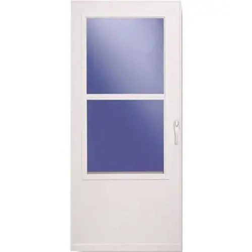 Self-Storing Storm Door 81" H X 36" W Aluminum/Wood White Mid-View Reversible White Self-Storing Storm Door 81" H X 36" W Aluminum/Wood White Mid-View Reversible White