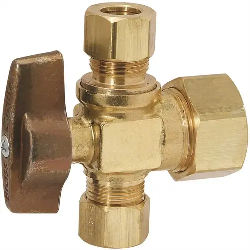 1/2 in. Nominal Compression Inlet x 3/8 in. O.D. Compression x 3/8 in. O.D. Compression Dual Outlet 1/4 Turn Ball Valve Rough Brass 1/2 in. Nominal Compression Inlet x 3/8 in. O.D. Compression x 3/8 in. O.D. Compression Dual Outlet 1/4 Turn Ball Valve Rough Brass