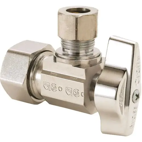 1/2 in. Nom Comp Inlet x 1/4 in. O.D. Comp Outlet 1/4 in. Turn Angle Ball Stop Brass/Chrome 1/2 in. Nom Comp Inlet x 1/4 in. O.D. Comp Outlet 1/4 in. Turn Angle Ball Stop Brass/Chrome