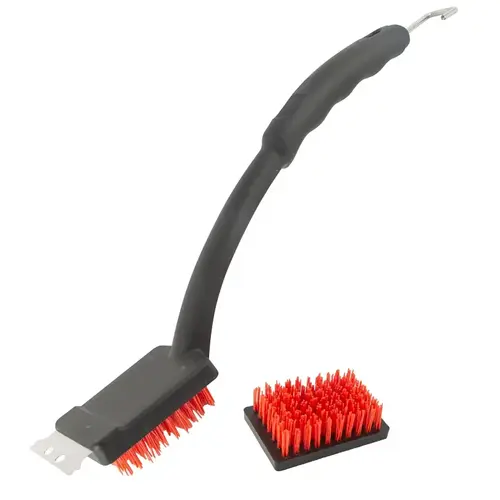 Grill Brush with Scraper, 3 in L Brush, 2 in W Brush, Nylon Bristle, Red Bristle, 2-3/4 in L Trim, 19 in L