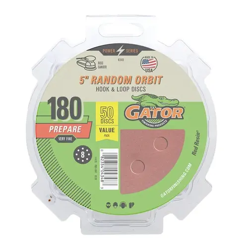 Gator Sanding Disc, 5 in Dia, 180 Grit, Extra Fine, Aluminum Oxide Abrasive, Fiber Backing, 50/PK - pack of 50 Gator Sanding Disc, 5 in Dia, 180 Grit, Extra Fine, Aluminum Oxide Abrasive, Fiber Backing, 50/PK - pack of 50