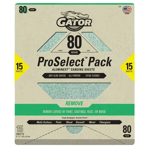 Sanding Sheet, 11 in L, 9 in W, Medium, 80 Grit, Aluminum Oxide Abrasive - pack of 15