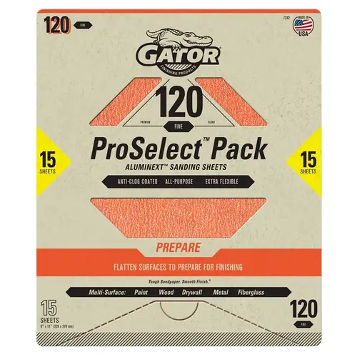 Sanding Sheet, 11 in L, 9 in W, Fine, 120 Grit, Aluminum Oxide Abrasive - pack of 15