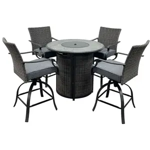 Seasonal Trends SH23S0880P Willow Creek Patio Bar Set w/Firepit Table, Cushion/Steel/Tile/Wicker, Charcoal/Gray