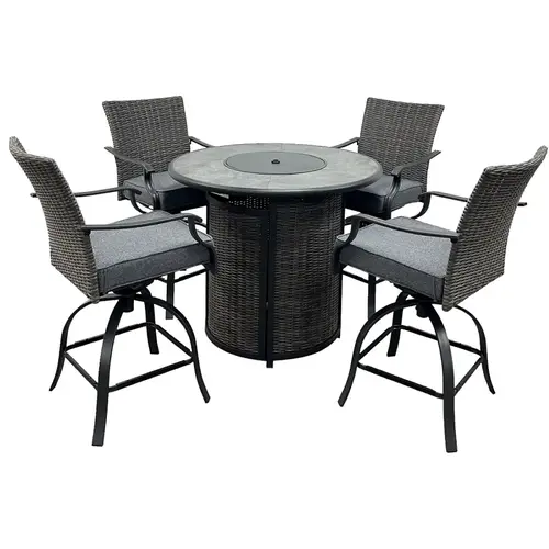 Willow Creek Patio Bar Set w/Firepit Table, Cushion/Steel/Tile/Wicker, Charcoal/Gray