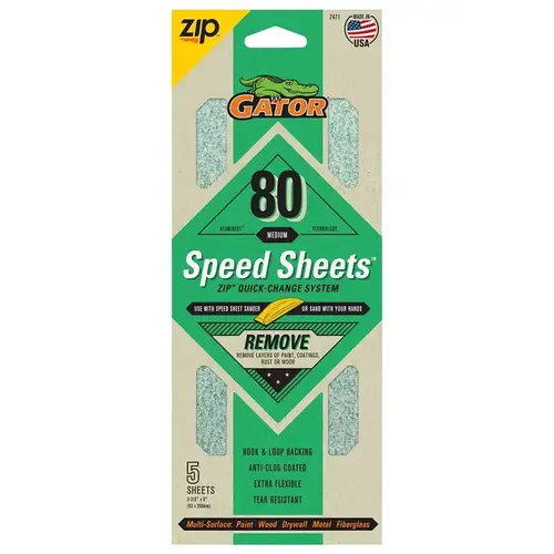 Gator Hook and Loop Sandpaper, 9 in L, 3-2/3 in W, 80 Grit, Aluminum Oxide Abrasive, Latex/Paper Backing - pack of 5 Gator Hook and Loop Sandpaper, 9 in L, 3-2/3 in W, 80 Grit, Aluminum Oxide Abrasive, Latex/Paper Backing - pack of 5