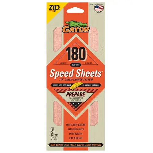 Gator Hook and Loop Sandpaper, 9 in L, 3-2/3 in W, 180 Grit, Aluminum Oxide Abrasive, Latex/Paper Backing - pack of 5 Gator Hook and Loop Sandpaper, 9 in L, 3-2/3 in W, 180 Grit, Aluminum Oxide Abrasive, Latex/Paper Backing - pack of 5