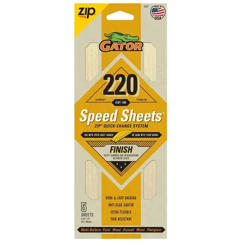 Gator Hook and Loop Sandpaper, 9 in L, 3-2/3 in W, 220 Grit, Aluminum Oxide Abrasive, Latex/Paper Backing - pack of 5 Gator Hook and Loop Sandpaper, 9 in L, 3-2/3 in W, 220 Grit, Aluminum Oxide Abrasive, Latex/Paper Backing - pack of 5