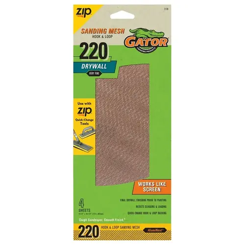 Gator Screen Sandpaper, 10-1/2 in L, 4-1/2 in W, 220 Grit, Very Fine, Aluminum Oxide Abrasive