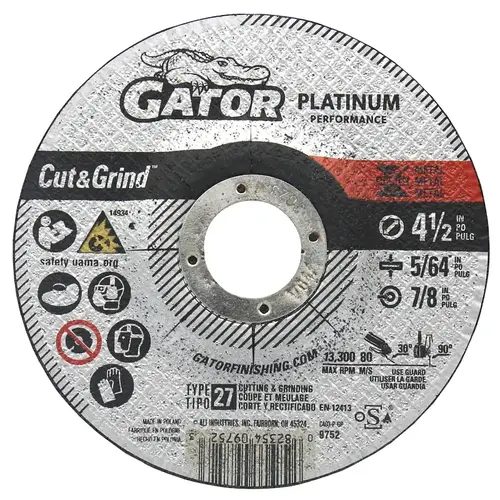 Cut-Off Wheel, 4-1/2 in Dia, 5/64 in Thick, 7/8 in Arbor, Aluminum Oxide Abrasive Cut-Off Wheel, 4-1/2 in Dia, 5/64 in Thick, 7/8 in Arbor, Aluminum Oxide Abrasive