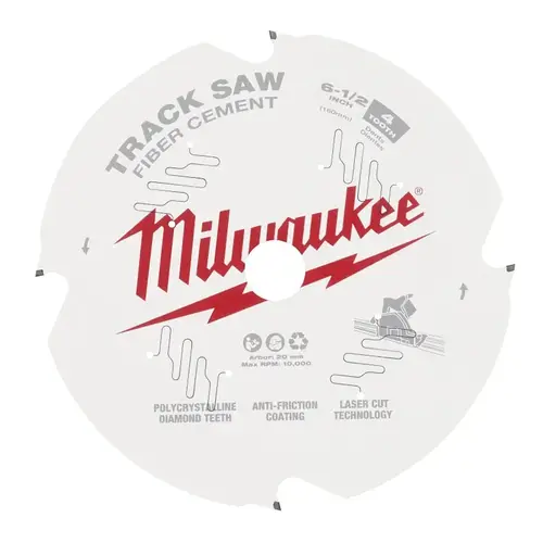 Track Saw Blade, 6-1/2 in Dia, 20 mm Arbor, 4-Teeth, Tungsten Carbide Cutting Edge White Track Saw Blade, 6-1/2 in Dia, 20 mm Arbor, 4-Teeth, Tungsten Carbide Cutting Edge White