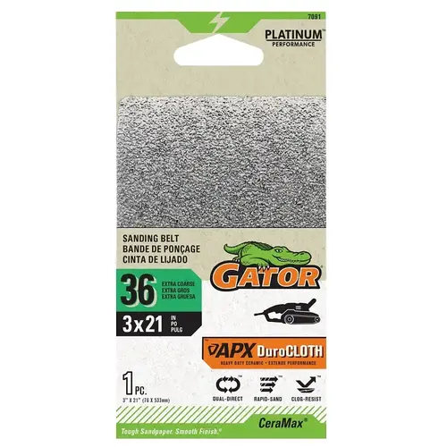 Portable Sander Belt, 3 in W, 21 in L, 36 Grit, Ceramic Abrasive Black Portable Sander Belt, 3 in W, 21 in L, 36 Grit, Ceramic Abrasive Black