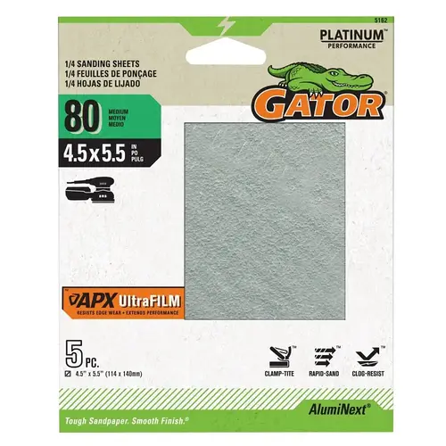 Gator Sand Paper, 4-1/2 in W, 5-1/2 in L, 80 Grit - pack of 5