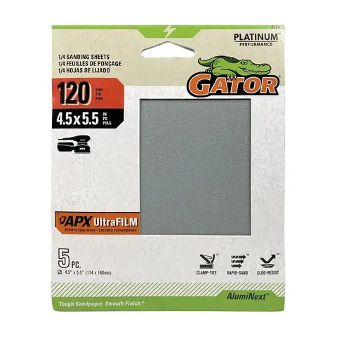 Gator Sand Paper, 4-1/2 in W, 5-1/2 in L, 120 Grit - pack of 5 Gator Sand Paper, 4-1/2 in W, 5-1/2 in L, 120 Grit - pack of 5