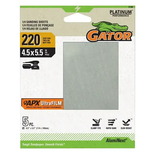 Gator Sand Paper, 4-1/2 in W, 5-1/2 in L, 220 Grit - pack of 5