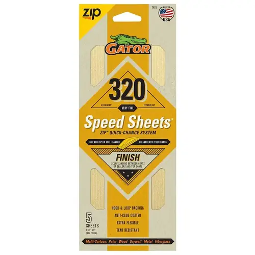 Gator Hook and Loop Sandpaper, 9 in L, 3-2/3 in W, 320 Grit, Aluminum Oxide Abrasive, Latex/Paper Backing - pack of 5 Gator Hook and Loop Sandpaper, 9 in L, 3-2/3 in W, 320 Grit, Aluminum Oxide Abrasive, Latex/Paper Backing - pack of 5