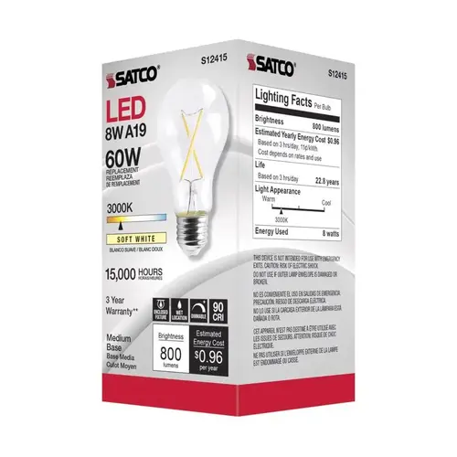Filament LED Bulb A19 E26 (Medium) Soft White 60 Watt Equivalence Clear Filament LED Bulb A19 E26 (Medium) Soft White 60 Watt Equivalence Clear