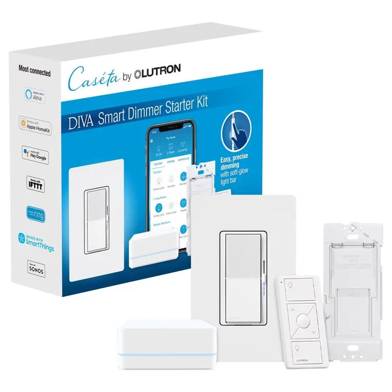 Lutron Dimmer Switch w/Remote Control Caseta Diva White 150 W Smart White DVRF-BDG-1D