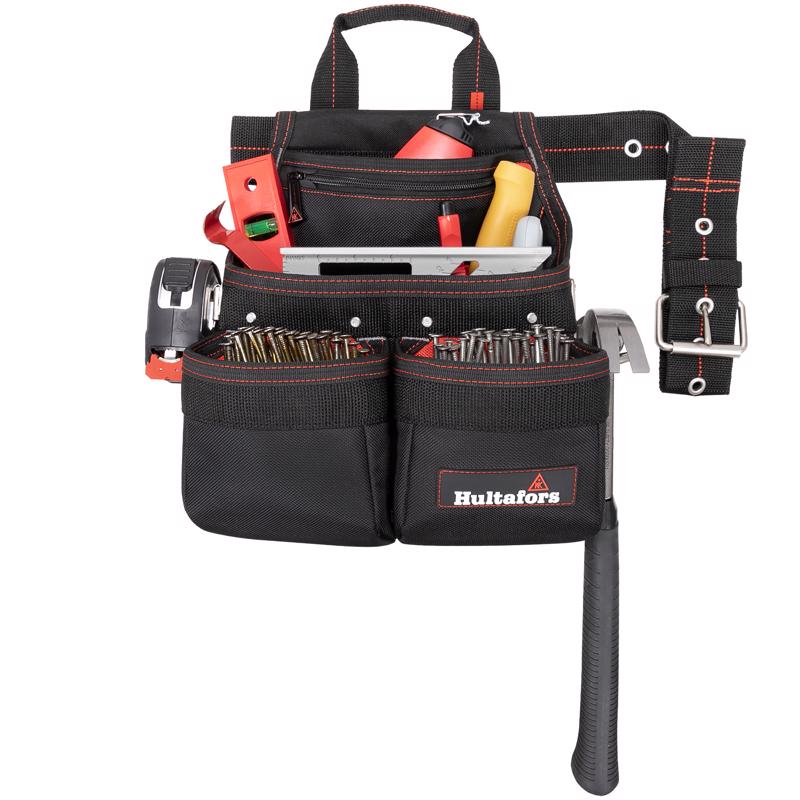 CLC HT5663 Tool and Nail Bag with Belt Hultafors Work Gear Ballistic Polyester Black/Red Black/Red