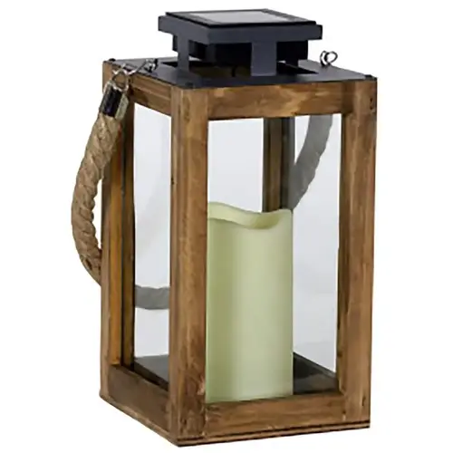 Solar Lantern with Candle 11" Solar Power Glass/Wood Black/Brown Black/Brown Solar Lantern with Candle 11" Solar Power Glass/Wood Black/Brown Black/Brown